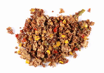 Vegetables with tuna pieces, red quinoa, green lentil, dry tomato, cooked corn isolated on white, top view