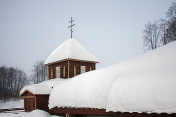 Christian chapel in the winter season. Too much snow.