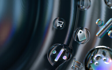 online shopping iconic background inside bubble glass shapes abstract dark wallpaper 3d render