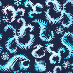 Watercolor seamless pattern of light blue and light pink frosty patterns on glass on a dark blue background. Winter, New Year's pattern.