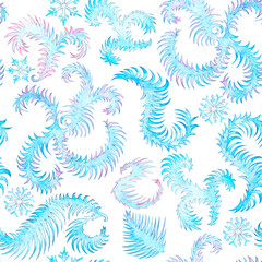 Watercolor seamless pattern of light blue and light pink frosty patterns on glass on a white background. Winter, New Year's pattern