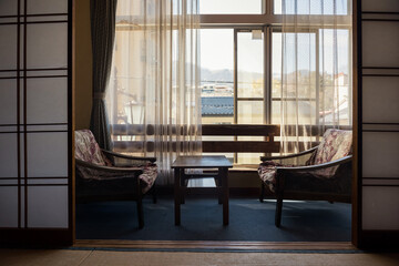 seats at tatami balcony ryokan room, Shibu onsen