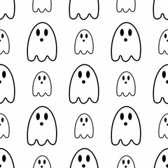 Seamless pattern of ghosts doodle black on a white background. For textiles, packaging, holiday decoration