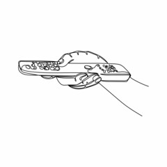 Vector continuous one single line drawing icon of hand hold tv remote control in silhouette on a white background. Linear stylized.