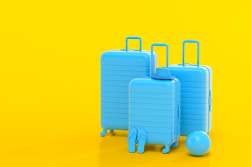 Obraz premium Suitcase with beach ball and flip flops on yellow background.