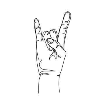 Vector continuous one single line drawing icon of hand gesturing rock and roll in silhouette on a white background. Linear stylized.