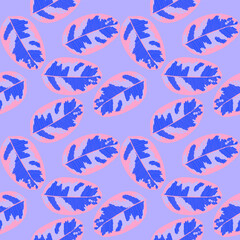 Vector seamless pattern with stylized ficus leaves on a pink-purple background. Concept wallpaper or fabric
