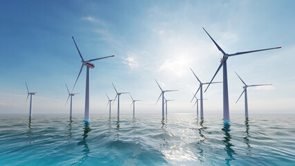 Windmill park. Offshore wind turbines farm on the ocean. Sustainable energy production. Green Energy, clean power, clean energy concept.	
