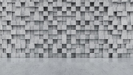 Concrete block wall and concrete floor. 3D rendering
