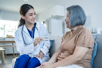 Asian Senior woman patient consult to physician nurse at nursing home. 