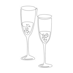 Two goblets with champagne, continuous one line drawing style. Two glasses of wine, vector illustration isolated on white