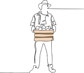 Continuous one line drawing of farmer posing with burlap sacks. Minimal outline concept. Old fermer with crossing hands in the hat standing in the golden field and turning.