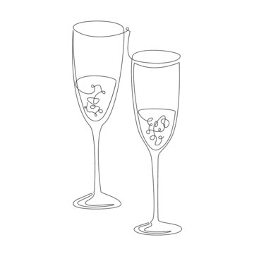 Two goblets with champagne, continuous one line drawing style. Two glasses of wine, vector illustration isolated on white