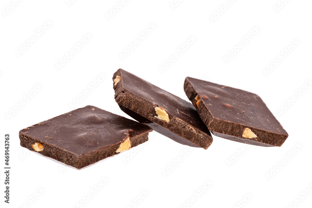 Poster three chocolate bars with nuts on top of each other isolated on white background
