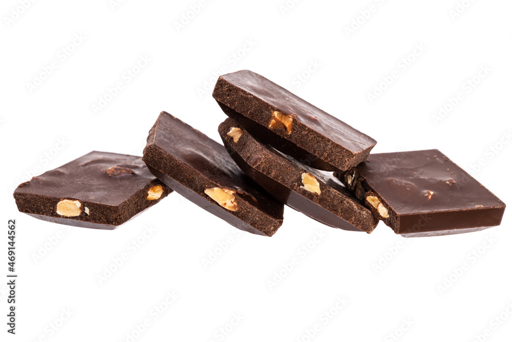 Poster three slices of dark chocolate with nuts isolated on white background