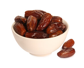 Sweet dried dates in bowl on white background