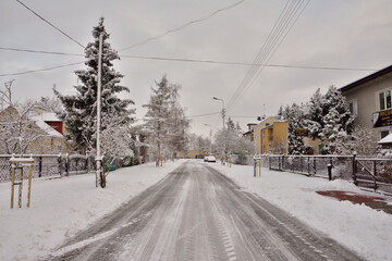 Trees, houses, road signs and street in a city covered with snow on a cloudy winter day. Winter.