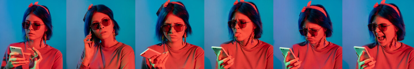 Angry face collage. Mobile flyer. Phone problem. Multiple woman emotion with cell in red neon light isolated on blue background set of 6.
