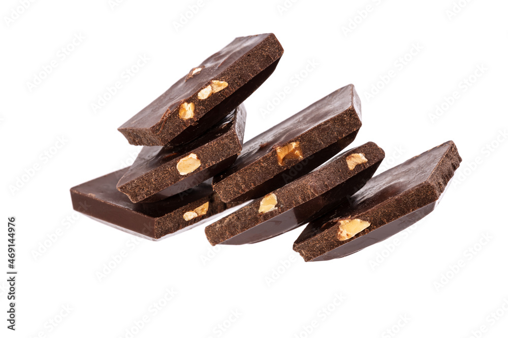 Poster rectangular pieces of dark chocolate with nuts isolated on white background
