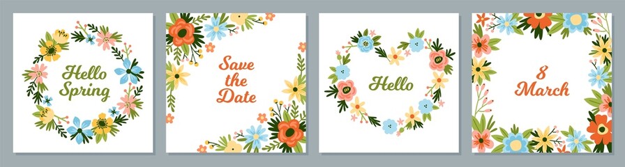 Cartoon flowers posters. Spring flora greeting cards, plant wreaths and bouquets, bloomed garden, world women and mothers day, square banners text copy space, vector cartoon isolated set