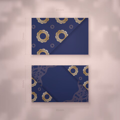 Dark blue business card template with Indian gold pattern for your brand.