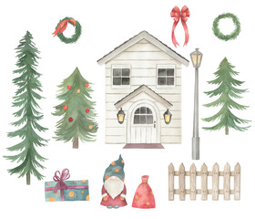 Watercolor Christmas set. Hand drawn isolated illustration on white background