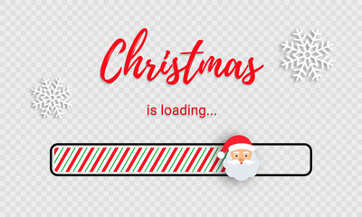 Christmas loading bar. Countdown with candy cane fill, Santa and snowflakes. Funny download banner. Xmas progress load. Holiday count down graph on transparent background. Vector illustration.