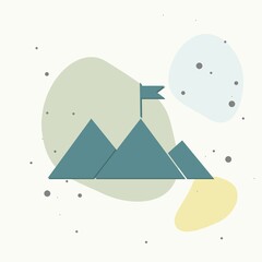 Obraz premium Vector icon mountain and flag on top. Victory symbol on multicolored background.