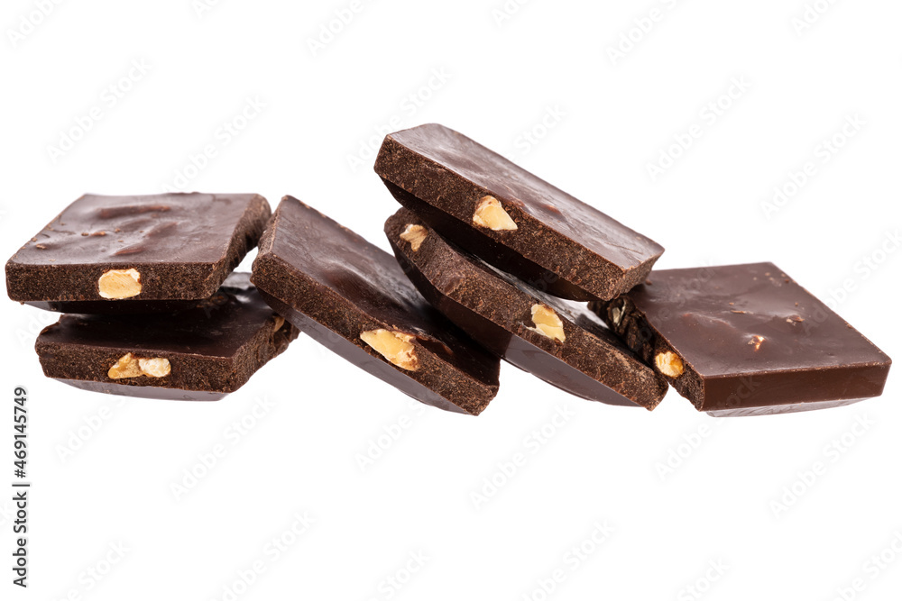 Poster pile of chocolate with nuts isolated on white background