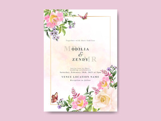 beautiful flower and leaves watercolor wedding invitation template