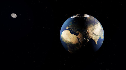 8k Ultra HD 7640x4320. Panoramic view of earth, sun, star and galaxy. Sunrise over planet Earth, view from space. 3d rendering.
