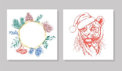 Frame Tiger in Christmas hat. Print on a postcard or poster. Vector illustration. Holiday card. New Year's and Christmas. Santa Claus.