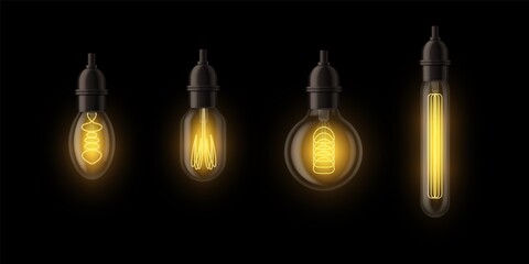 Light bulbs realistic. Hanging edison glowing lamps different forms. Retro light bulb elements isolated on black background. Vintage electrical equipment, creative idea symbol. Vector set