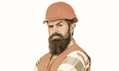 Builder in hard hat, foreman or repairman in the helmet. Man builders, industry. Worker in...