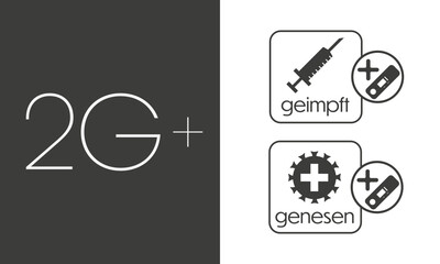 SVG 2G plus Corona regulation notice icons and text arranged on top of each other on dark grey and white background in landscape format