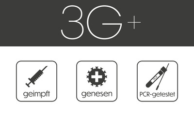 SVG 3G plus Corona regulation notice with framed vector icons and text arranged on top of each other on dark grey background in landscape orientation 