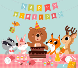 Fototapeta premium Funny happy birthday card. Cute baby animals together bear, bunny, fawn and badger with tasty cake in vector. Cartoon festive childish background