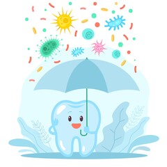 Dental protection. Cartoon tooth mascot holds umbrella and protects from harmful bacteria. Oral hygiene. Healthy clean molar. Cute character in protective dome. Vector dentistry concept
