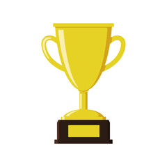 Trophy cup is golden on a wooden base with a plaque. Color vector illustration flat style. White isolated background.