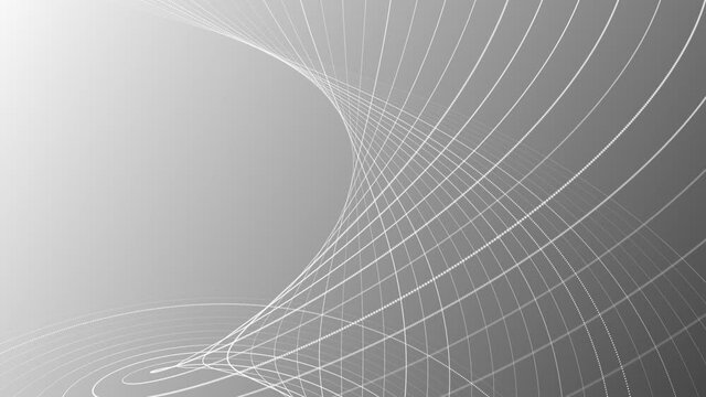 Minimalist grayscale elegant spiraling fractal light wave motion background animation with white particles. Full HD and looping background.