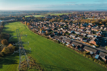 Fototapeta premium Aerial Houses Residential British England Drone Above View Summer Blue Sky Estate Agent.