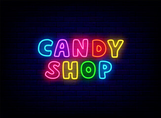Fototapeta na wymiar Candy shop colorful neon text. Sweet bar label. Logo on brick wall background. Isolated vector illustration