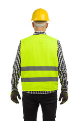 Worker in reflective waistcoat and hardhat. Rear view, waist up. Isolated.