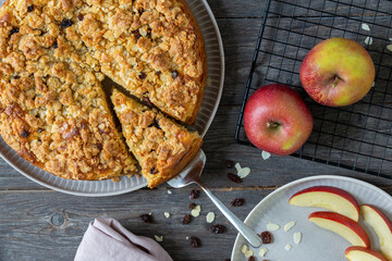German apple cake and crumble, pie on a plate