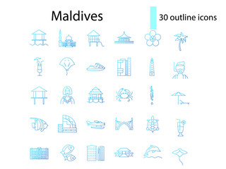 Maldives attributes outline icons set. Tropical resort guide. Blue gradient symbol. Isolated vector illustration