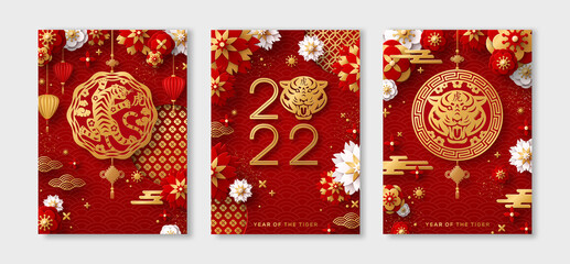 Posters Set for 2022 Chinese New Year. Hieroglyph translation - Tiger. Vector illustration. Asian Clouds, Lantern, Gold Pendant and Paper cut Flowers on Red Background. Place for Text. - obrazy, fototapety, plakaty