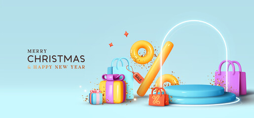 Christmas and New Year Sale. Realistic 3d design stage podium, round studio. Gift boxes, shopping bags. Decorative festive elements, present box surprise. Xmas blue background. Vector illustration