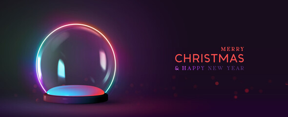 Christmas glowing glass winter snow balls in neon light. Realistic 3d design magical sphere transparent. Holiday decoration objects. Template podium studio. Xmas background. Vector illustration