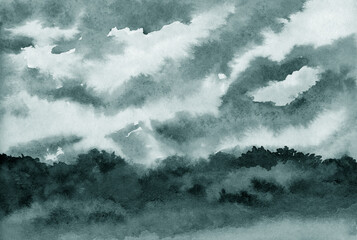 Stormy mood. Monochrome landscape ink painting.