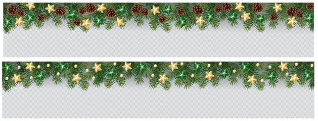 Vector border with white fir branches and with festive decoration elements on transparent background. Christmas tree garland with fir branches, pine cones, and glass decoration - obrazy, fototapety, plakaty